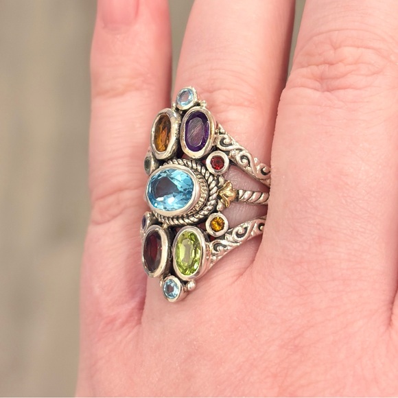 Sterling 18K Large Gemstone Ring, Bali Style Filigree Size 8.5 Rainbow Multigem - Picture 11 of 17